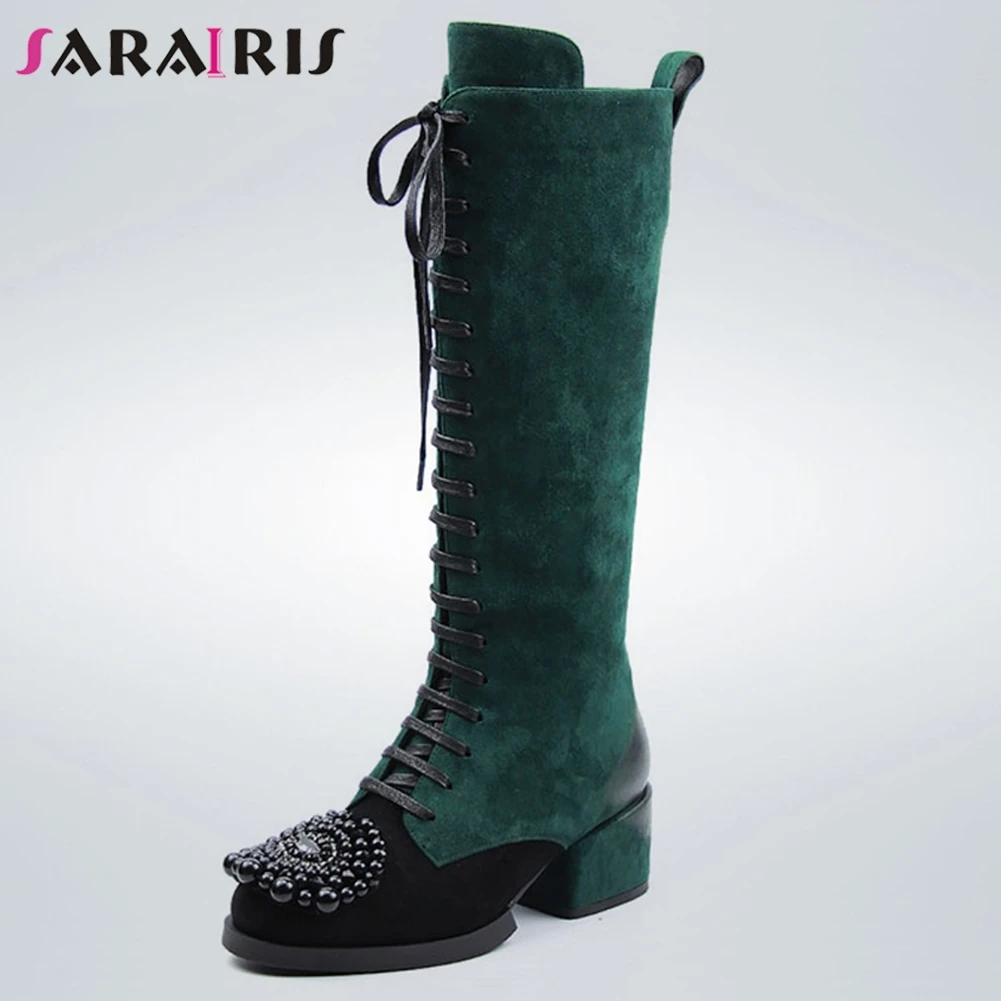 

SARAIRIS New Luxury String Bead Cross Tie Zip Shoes Woman Casual Party Office Spring Autumn Mid Calf Boots Women Big Size 35-42
