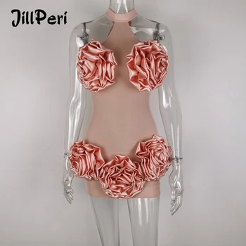 

JillPeri Women Sexy Sleeveless Structured Rose Mini Dress High Stretch Mesh Bodycon Outfit Elegant Chic Sexy Night Club Dress