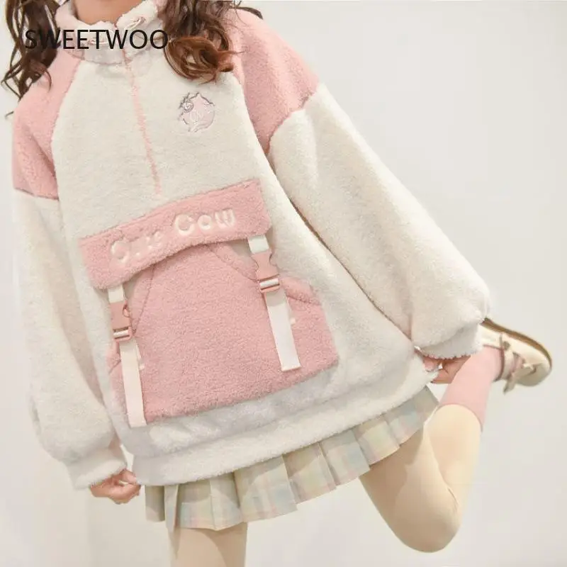 Kawaii Cute Design Sense of Lamb Velvet Japanese Sweater Girl Hedging Autumn and Winter 2021 New Plus Velvet Thick Sweater Women