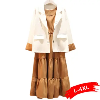 

Women Plus Size Stiching Cuff White Short Blazer Suit Pockets Office Wear With Dress 4XL Female Streetwear Tops Two Piece Set