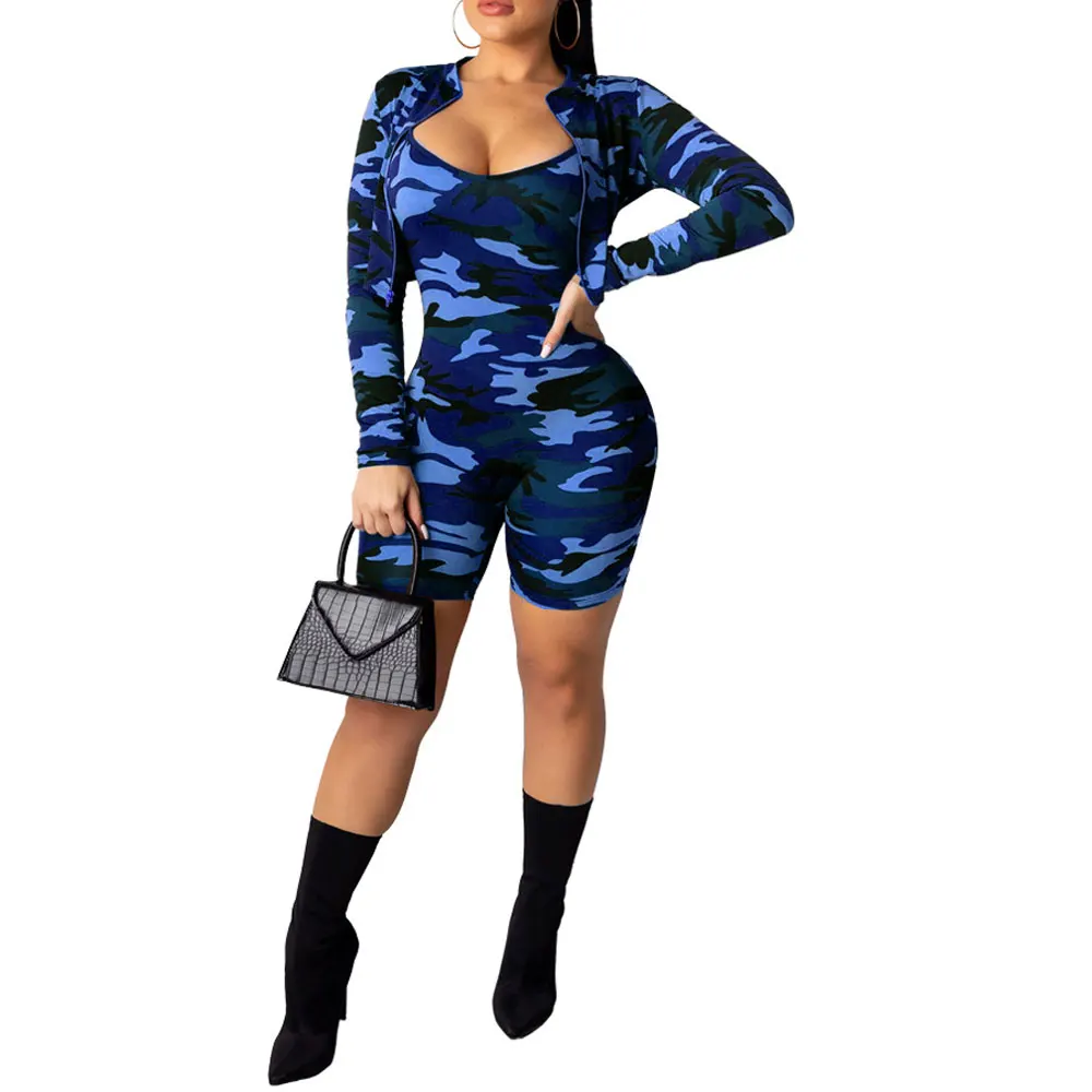 Feelovely армейский зеленый/красный/синий камуфляж печатных мода женщина Bodycon комбинезон комплект с длинным рукавом куртка онлайн