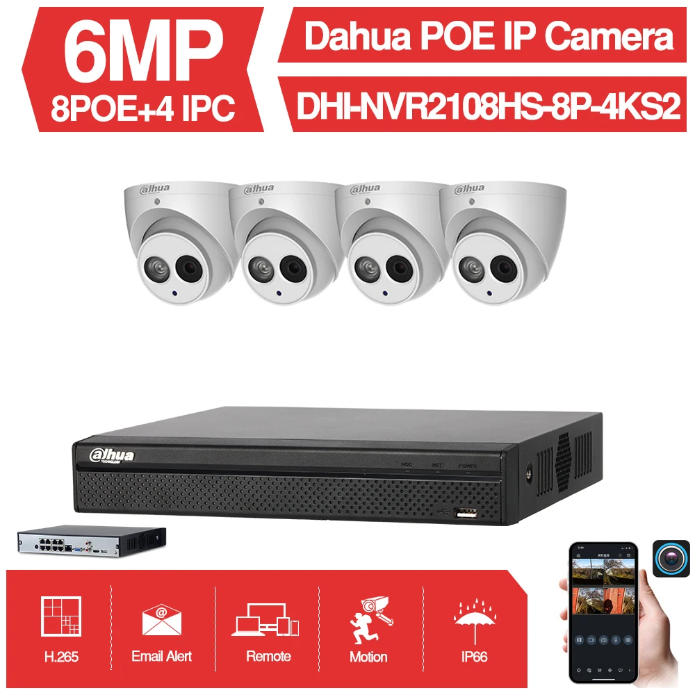 Dahua 6MP 8+ 4 камеры видеонаблюдения с NVR2108HS-8P-4KS2 ip-камерой IPC-HDBW4631C-A P2P система видеонаблюдения простая установка