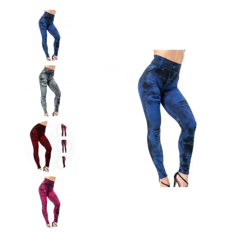 Stylish Yoga Pants Push Up Activewear Women Ripped Holes Print Faux Denim Jeans  Pencil Pants    Fitness Leggings stylish yoga pants push up activewear women ripped holes print faux denim jeans pencil pants fitness leggings