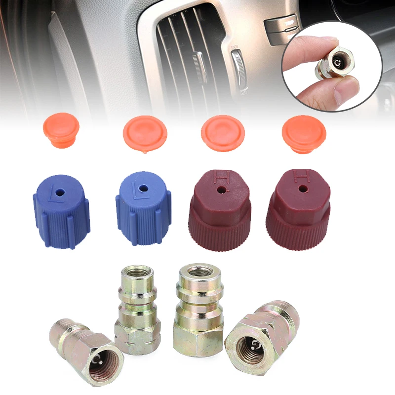 4pcs/set A/C R12 to R134a Lo/Hi Side Retrofit Conversion Adapter Fitting Cap Valve Kit Car Auto Accessories
