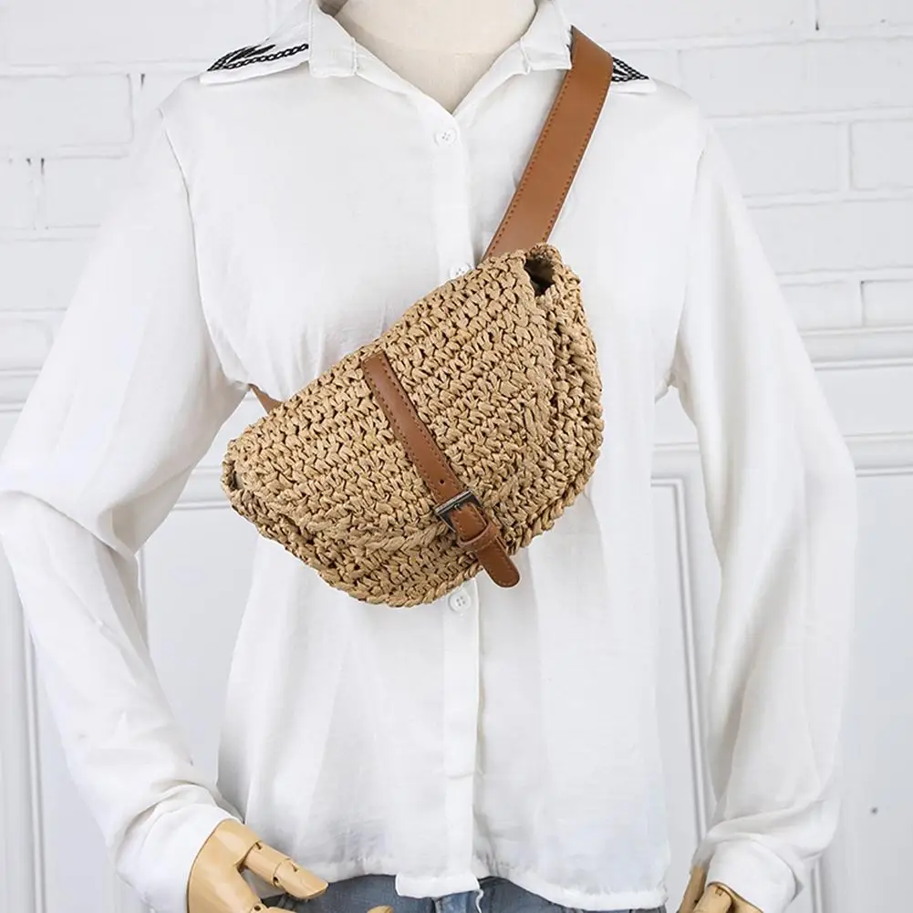Women Semicircle Straw Bags Fanny Summer Beach Chest Bag Lady Waist
