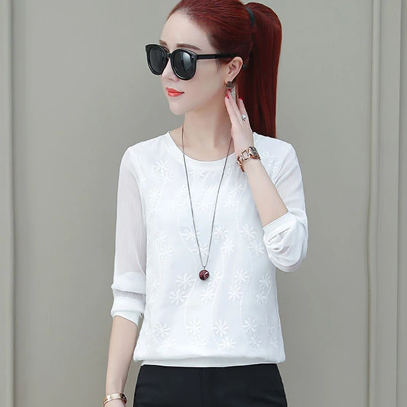 

Women Spring Autumn Style Lace Blouses Shirts Lady Casual Long Sleeve O-Neck Lace Blusas Tops DD8160