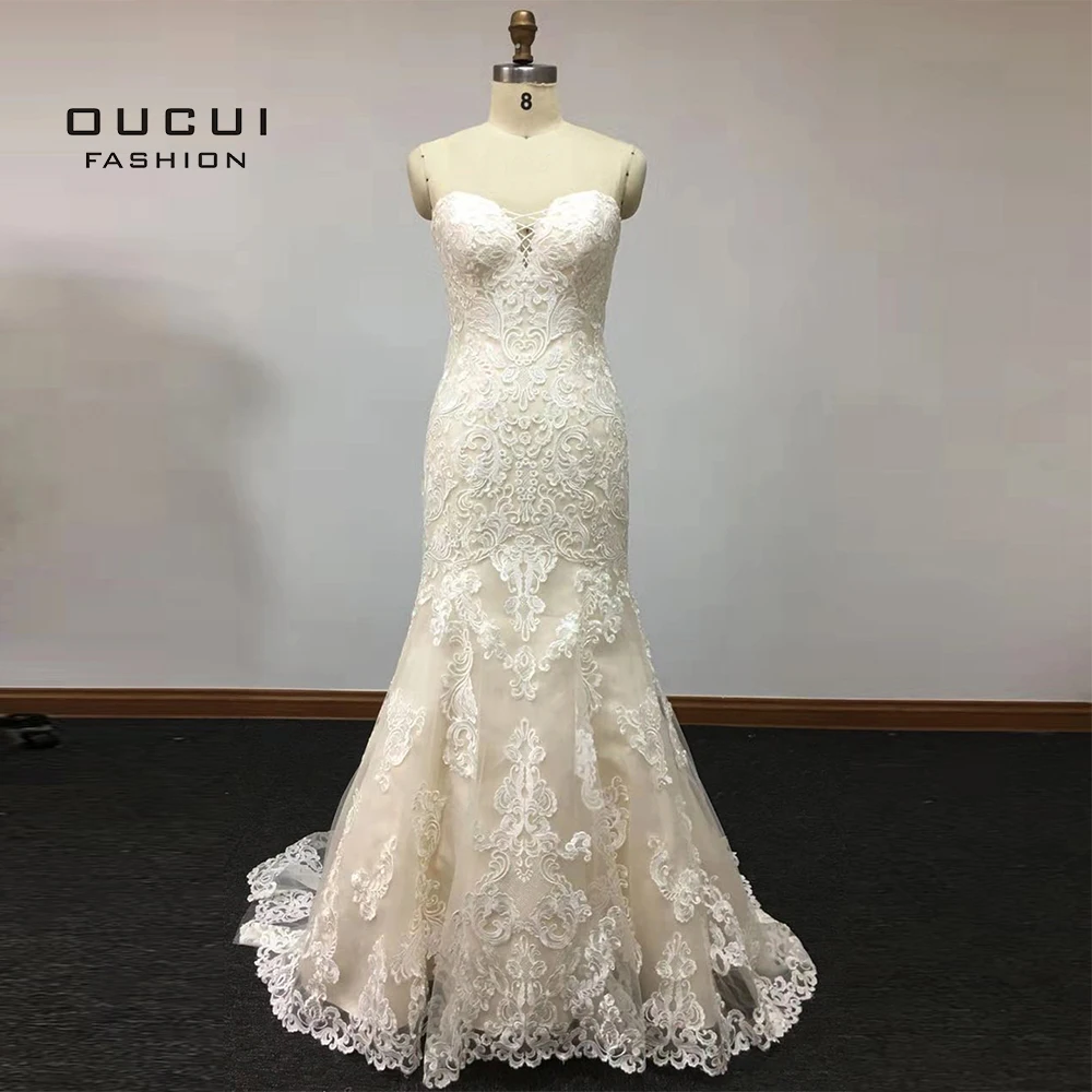 Кружевное длинное свадебное платье русалки большого размера Vestido De Noiva без бретелек винтажные Свадебные платья без рукавов со шлейфом OL103586 - Цвет: White