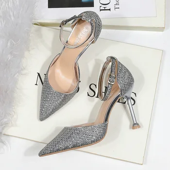 

Women buckle Pumps glitter bling High Heels Shoes fashion pointed toe Slides shallow Zapatos de Mujer black gold silver bronze