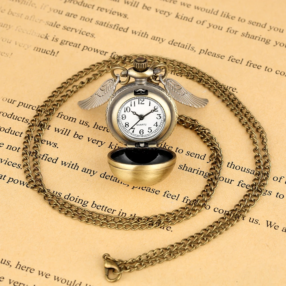 Модные золотые антикварные шаровые крылья снитч карманные кварцевые часы Подвеска "движение" карманные часы для женщин и мужчин