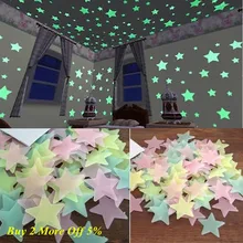 Новинка,, 100 шт, 3*3 см, детская спальня, флуоресцентный светится в темноте, звезды, наклейка на стену, детская спальня, флуоресцентный светящийся стикер на стену