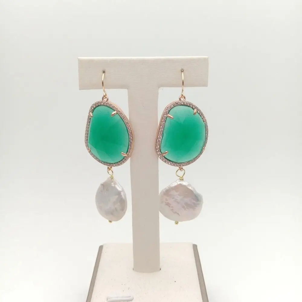 

White Keshi Pearl Green Crystal Cz Pace Hook Earrings