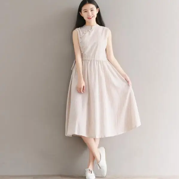 Летние для женщин Mori Girl Винтаж миди юбка со стоячим воротником Хлопок Лен Vestidos De