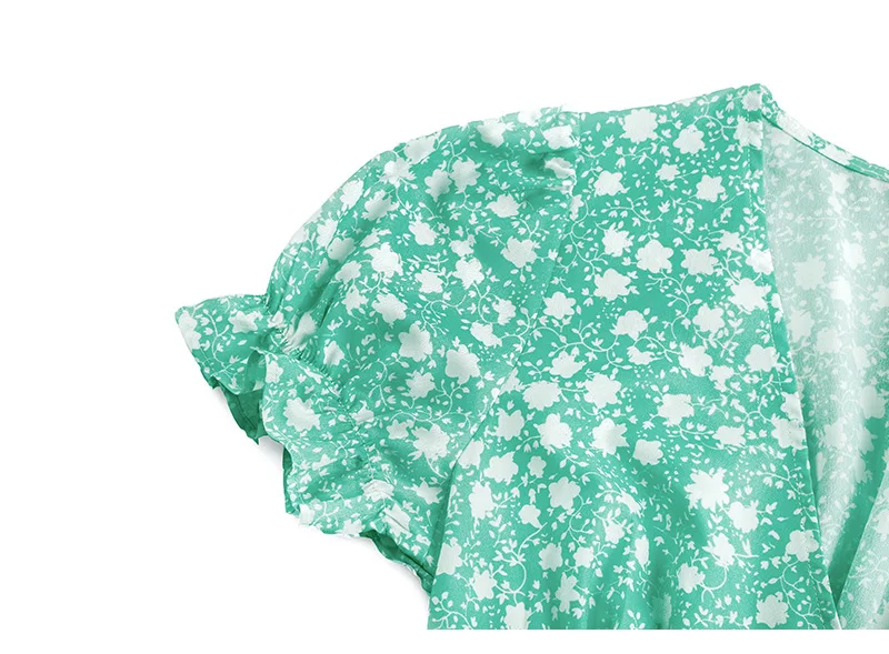 Women Short Sleeve Floral Mini Dress Casual Green Print Puff Sleeve Dresses Summer 2021 Ladies Sexy V Neck Button Beach Dress