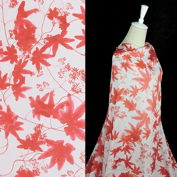 

Red floral and leaves print silk blending cotton silk blended fabric 12momme 140cm width,SCT282