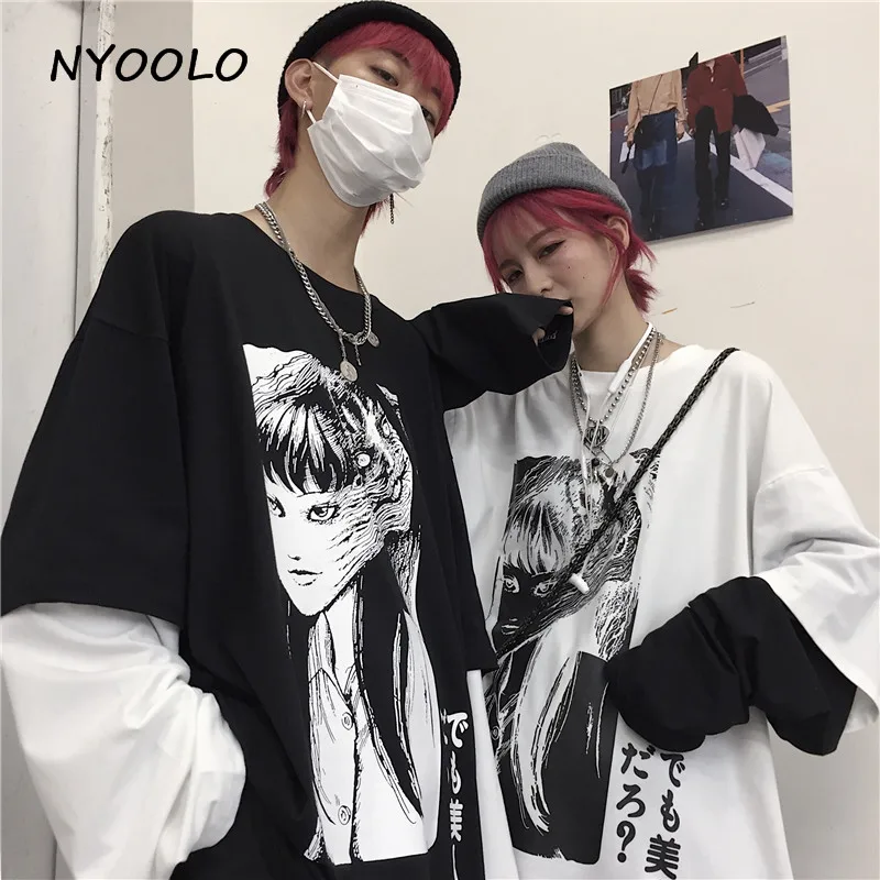 NYOOLO Harajuku Comic Horror Fujiang Tomie Печать Поддельные 2 шт. Лоскутная футболка Осенняя уличная футболка с длинными рукавами для женщин и мужчин
