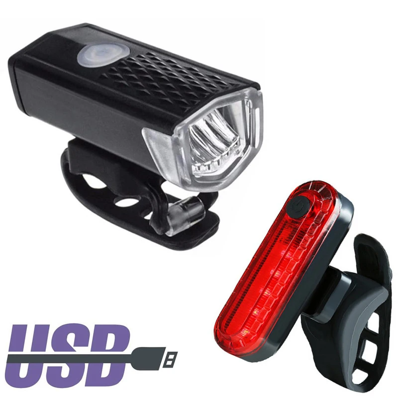 Bicycle Bike Lights USB Rechargeable 300 Lumens Bicycle Lights Front Headlight + Rear Taillight Cycling Light Bike Accessorie
