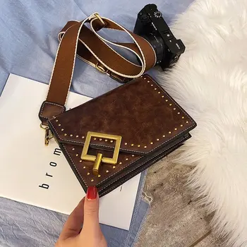 

Bag Women Bag 2020 New Fashion Texture Broadband Rivet Shoulder Messenger Bag Retro Wild Hong Kong Style Small Square Bag