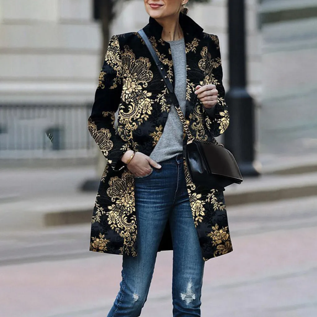Женское пальто средней длины, Ретро Модный тонкий принт, длинный рукав, костюм, куртки женские пальто и куртки, осенне-зимняя верхняя одежда# J30
