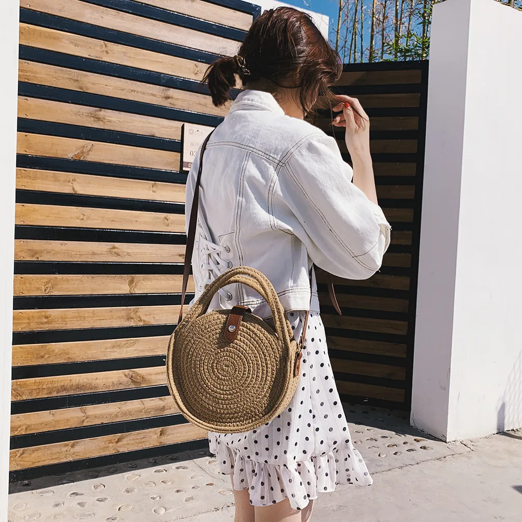 Sling Shoulder Bag Handmade Round Beach Handbag Travel Bohemian Straw Hand Woven Bags Crossbody Bag For Women Summer Handbags