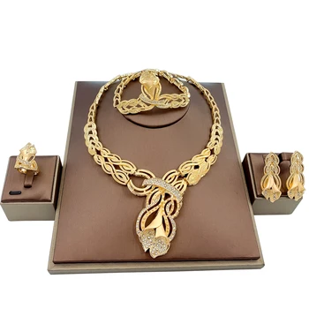 

Turkish Charm Woman Wedding Jewelry Sets Gold Necklace Bracelet Earrings Flower Ring Fashion Crystal Jewelry Accessories