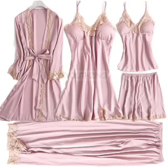 Pajama Set Women Lace Trim Satin Sleepwear Pyjamas Pour Femme Summer Nightwear With Pants Casual Home Wear Kimono Robe Gown PJS Pink E