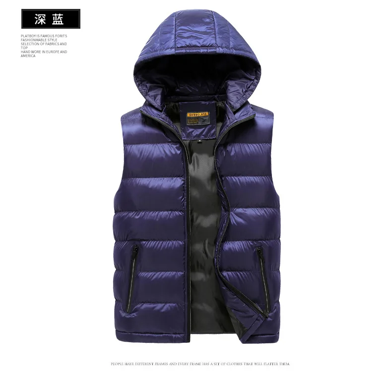 Зимний мужской жилет с капюшоном без рукавов, теплые 20D стеганые жилеты с хлопковой подкладкой, жилет, пальто размера плюс M-5XL