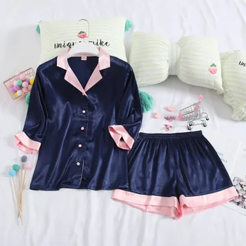 

Fiklyc Thin long-Sleeved Shorts Pajamas Women's Ice Silk Two-Piece Suit Cartoon Cute Home Service