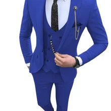 Мужской костюм, приталенный, 3 предмета, королевский синий, Повседневный, выпускной, смокинг, жених, остроконечный, с отворотом, Деловой, для свадьбы, костюмы для мужчин(Блейзер+ жилет+ брюки