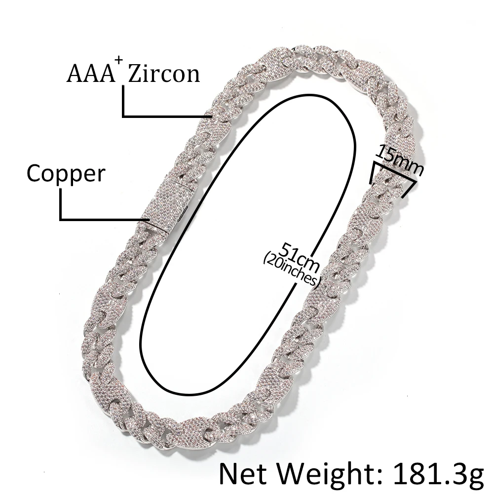 UWIN, Прямая поставка, роскошное серебряное медное ожерелье с кубическим цирконием 15 мм, для мужчин и женщин, звено цепи, ювелирные изделия в стиле хип-хоп