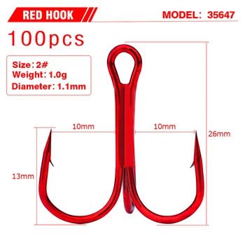

PROBEROS 100Pcs/Pack Red Fishing Hook High Carbon Steel Barbed Three Hooks Red Color Attractive Designed