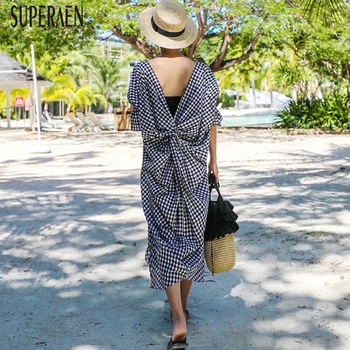 

SuperAen 2020 Summer New Korean Style Plaid Dress Female Cotton Fashion Women Dress V-neck Irregular Casual Women Clothing