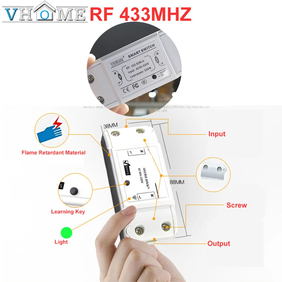  Vhome Wireless Switch Controller Smart Remote Control Light switch RF 433MHZ Small Transmitter AC 2 - 4000071033647