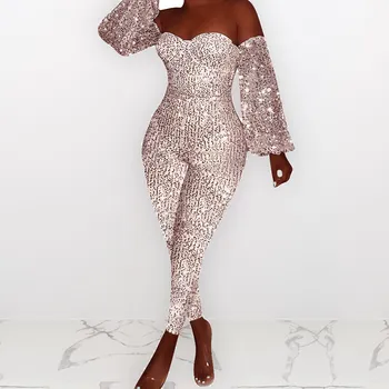 

2019 New Women Sequined Jumpsuits Off Shoulder Long Sleeve Party Jumpsuits Bandage Bodycon Party Club Romper