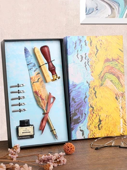 

High Quality Van Gogh Series Feather Pen Kids Practise Calligraphy Pen Business Signing & Sealing Wax Set Pen Gift Box for kids