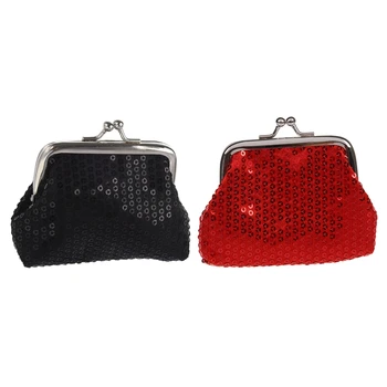 

2Pcs Women'S Sequins Coin Purse Buckle Mini Wallet - Black & Red