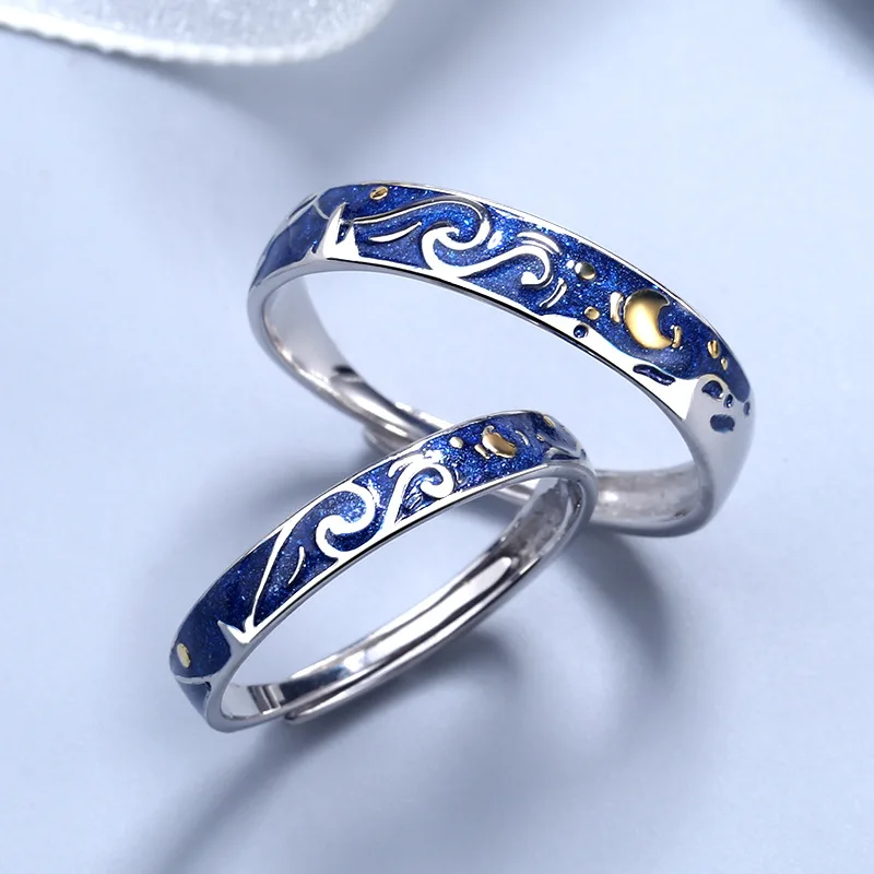 925 Sterling Silver Van Gogh Starry Sky Open Couple Ring For Women Men Romance Student Birthday Gift Premium Enamel Jewelry - Image 3