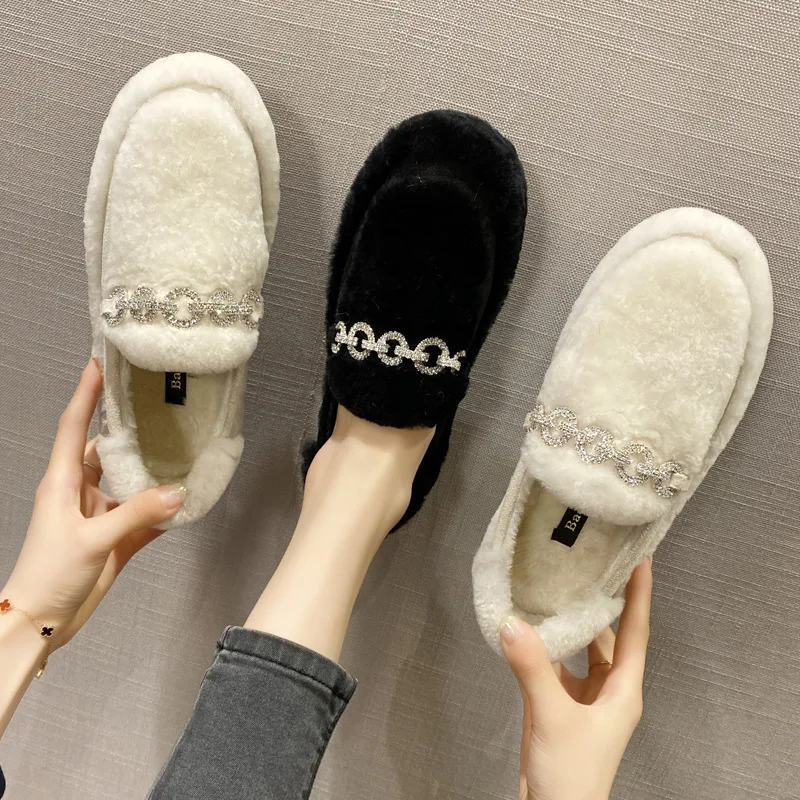 

Rhinestone Rabbit Fur Flats Women Metal Buckle Warm Plush Winter Shoes Woman Crystal Beading Fur Loafers Mules New Spring Flats