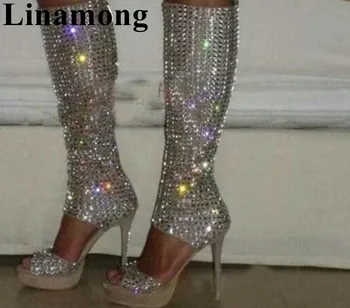 

Bling Bling Crystal Fashion Women Boots Spring And Autumn Mid-calf Sexy Thin High Heel And Peep Toe Hottest Womne Shoes