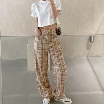 

Casual Plaid Pants Women 2020 Straight High Waist Fashion Trousers Streetwear Loose Comfortable Vintage Ladies Pants New