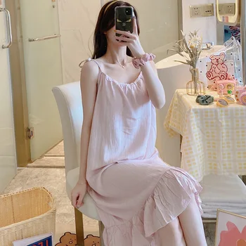 

Summer Princess Style Slip NightNightdree Women'S Plain Strap Chest Pad Pure Cotton Pajamas Fairy Spring And Mid-Length Women