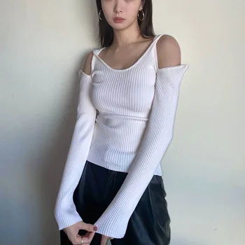 

Fall 2020 new niche fashion shoulder twisted rope shoulder leakage slim outer top knitted shirt C001