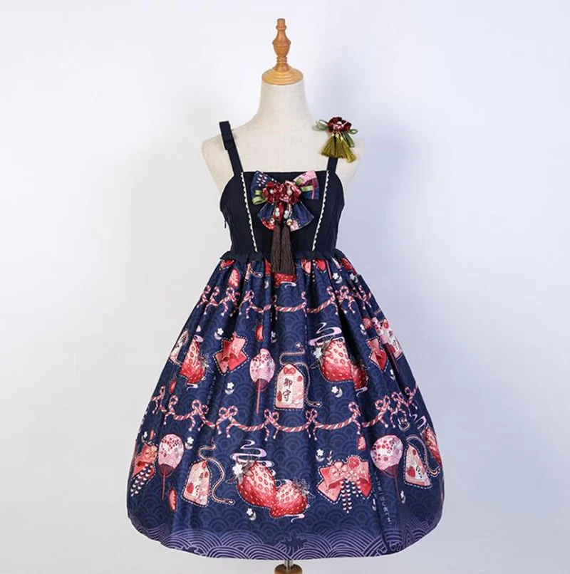 Dress Blue Милое Платье Лолиты в японском стиле; платья на бретелях с принтом клубники - Цвет: Dress Blue