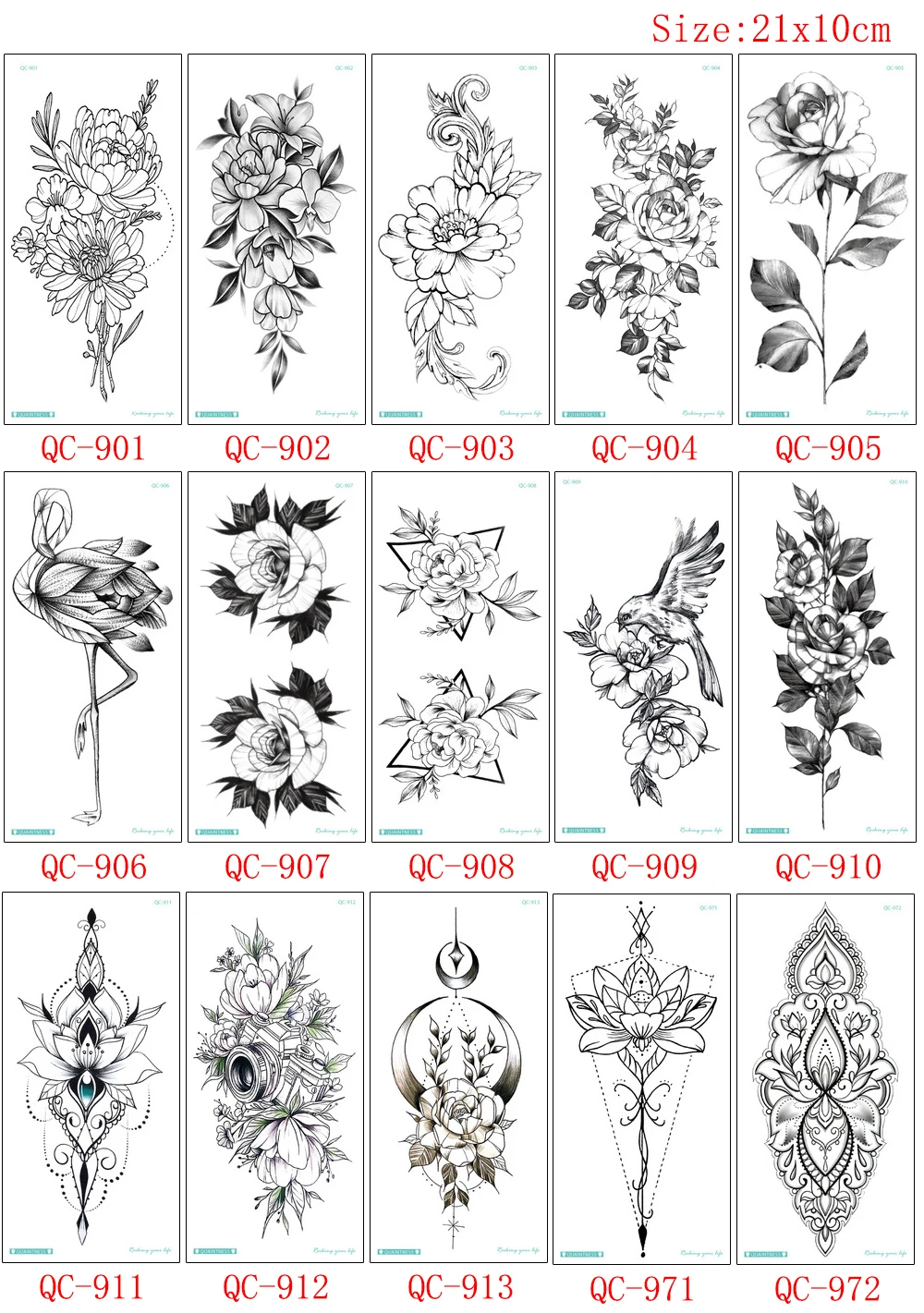 21x10cm Black White Flower Temporary Tattoo Sticker Fake Beauty Peony Flamingo Moon Jewelry Pendant for Woman Body Art Tattoo 3D (7)