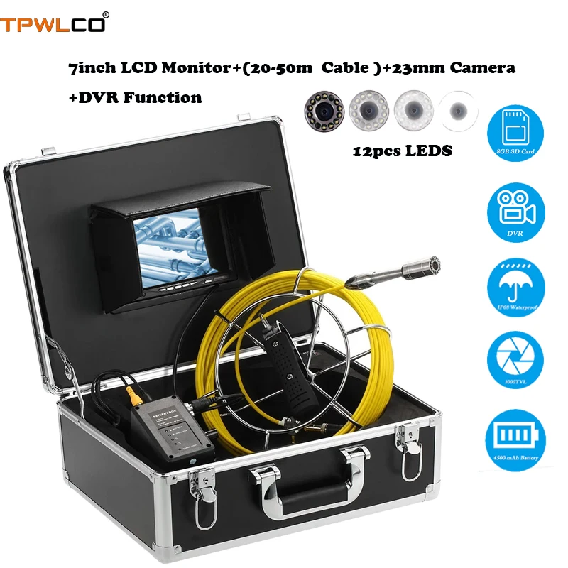 

20-50m Cable Pipe 7inch Monitor Drain Sewer Pipeline Industrial Endoscope System With DVR 23mm Mini Inspection Video Camera Head