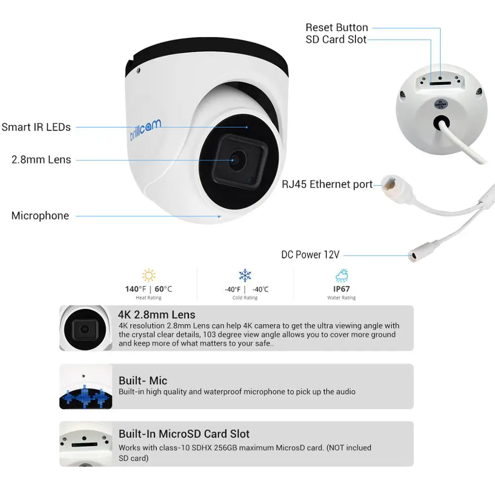 Инфракрасная купольная IP камера Brillcam 4K/8MP UHD с объективом 2 8 мм PoE IP67 защищенная от