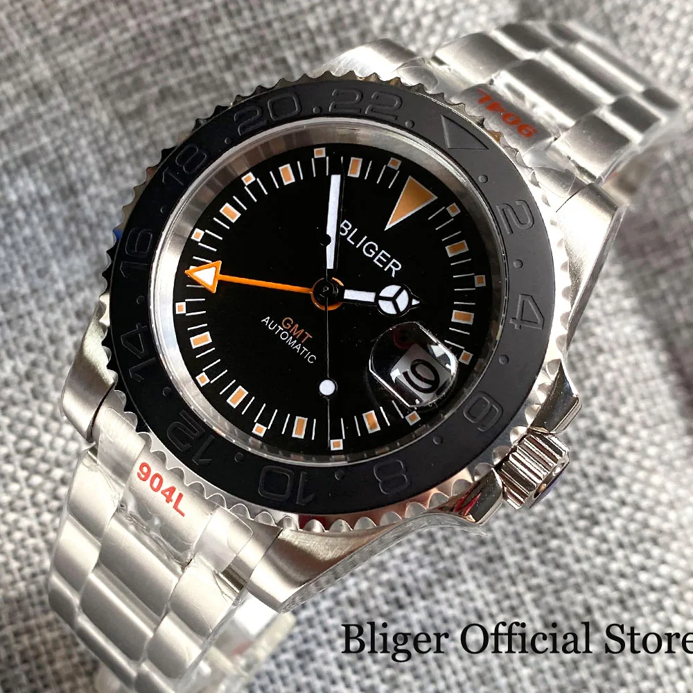 

BLIGER GMT Selfwinding Men Watch Orange Index Brushed YM Insert 40mm Business Wristwatch Steel Steel Bracelet Screw Crown