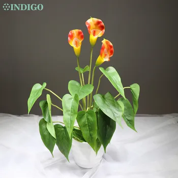 

INDIGO- Sunset Calla Bouquet (18pcs Leaves+3pcs Flowers + Vase) Real Touch Wedding Flower Christmas Party Table Decoration