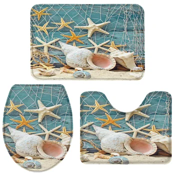 

3 Pieces Bathroom Set Sea Star Conch Beach Bath Set Toilet Cover Mat Pedestal Rug Non-Slip Bathroom Rug Set