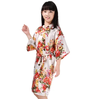

Elegant White Flower Girls Wedding Robe Exquisite Print Flower Kimono Robe Gown Casual Half Sleeve Children Bath Gown Pajamas