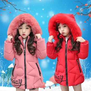 

Big fur collar hooded cotton coat baby girl cotton padded thick warm down jacket children's cotton coat cartoon letter coat girl